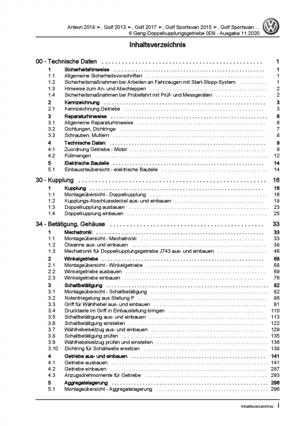 VW Passat 8 3G ab 2019 6 Gang Automatikgetriebe DKG 0D9 Reparaturanleitung PDF