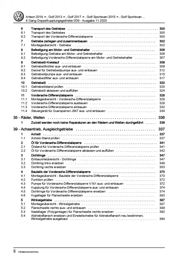 VW Passat 8 3G ab 2019 6 Gang Automatikgetriebe DKG 0D9 Reparaturanleitung PDF