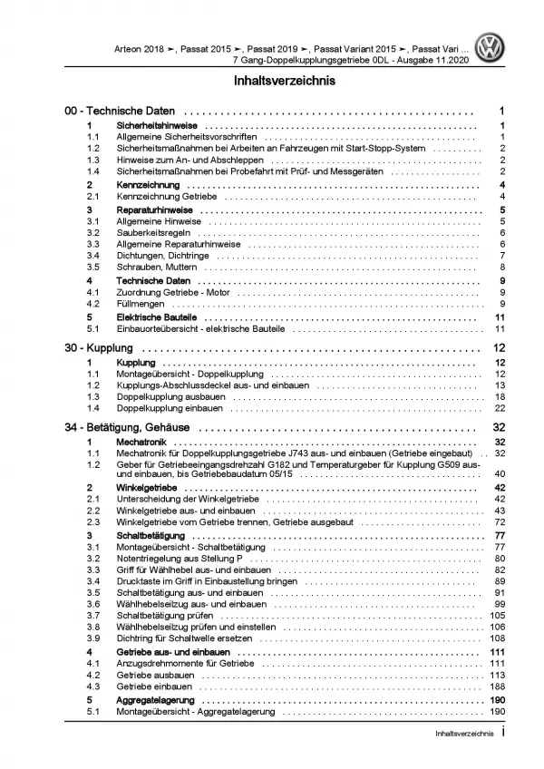 VW Passat 8 3G ab 2019 7 Gang Automatikgetriebe DKG 0DL Reparaturanleitung PDF