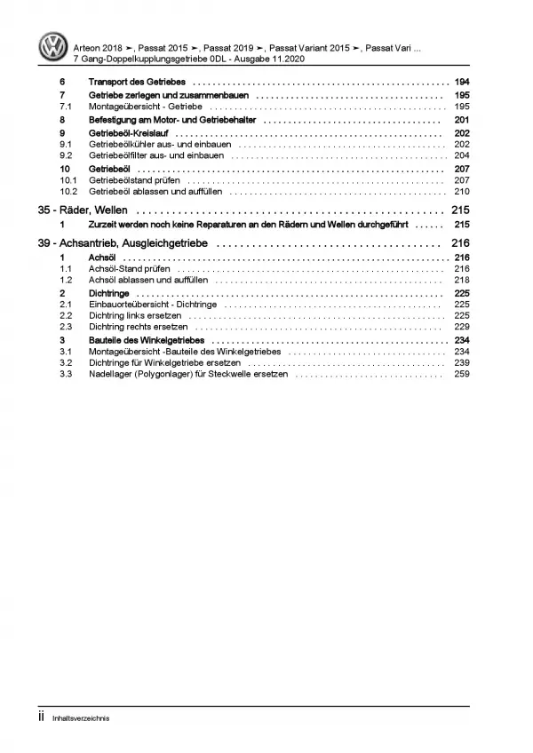 VW Passat 8 3G ab 2019 7 Gang Automatikgetriebe DKG 0DL Reparaturanleitung PDF