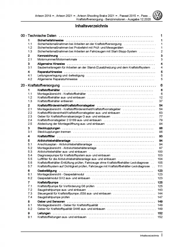 VW Passat 8 3G ab 2019 Kraftstoffversorgung Benzinmotoren Reparaturanleitung PDF