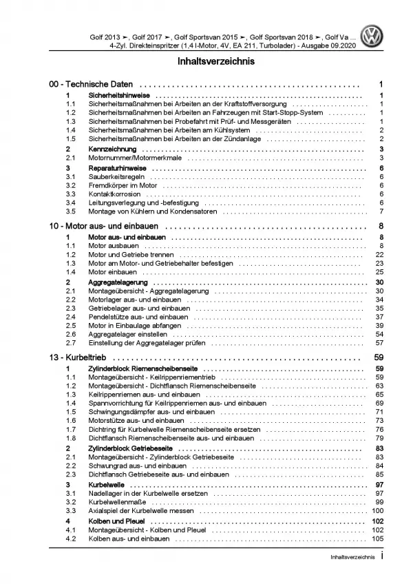 VW Passat 8 3G ab 2019 4-Zyl. 1,4l Benzinmotor 122-140 PS Reparaturanleitung PDF