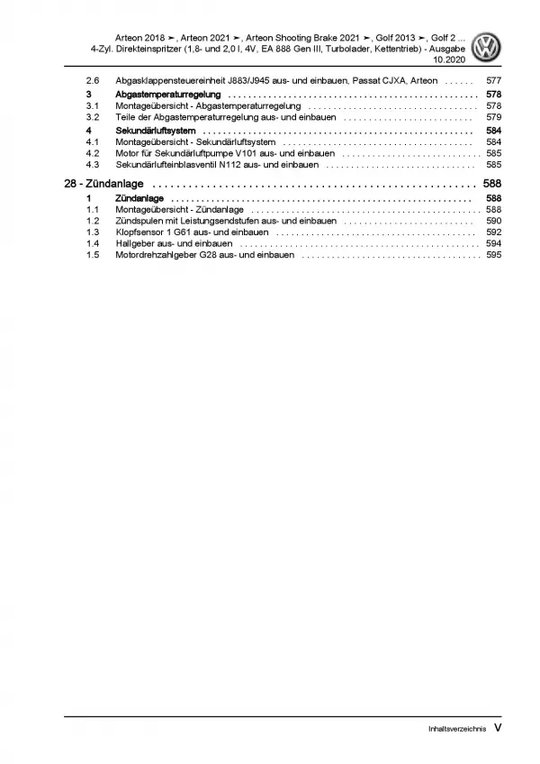 VW Passat 8 3G ab 2019 1,8l 2,0l Benzinmotor 179-290 PS Reparaturanleitung PDF
