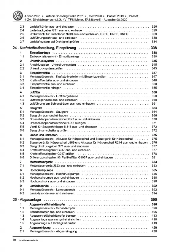 VW Passat 8 3G ab 2019 4-Zyl. 2,0l Benzinmotor 190-320 PS Reparaturanleitung PDF