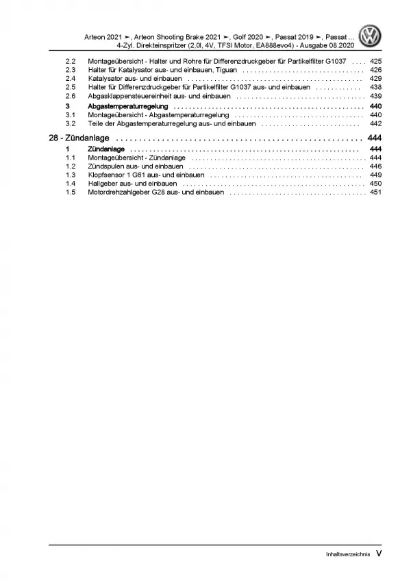 VW Passat 8 3G ab 2019 4-Zyl. 2,0l Benzinmotor 190-320 PS Reparaturanleitung PDF