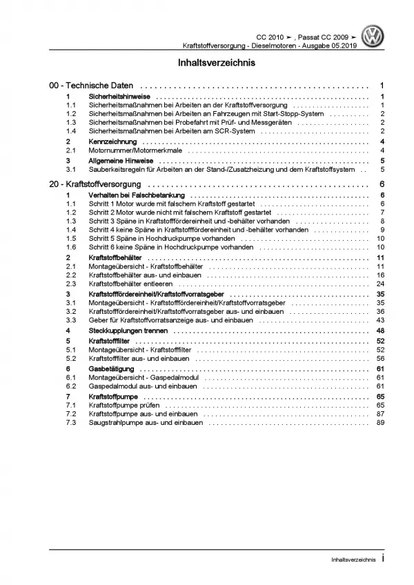 VW Passat CC (08-12) Kraftstoffversorgung Dieselmotoren Reparaturanleitung PDF