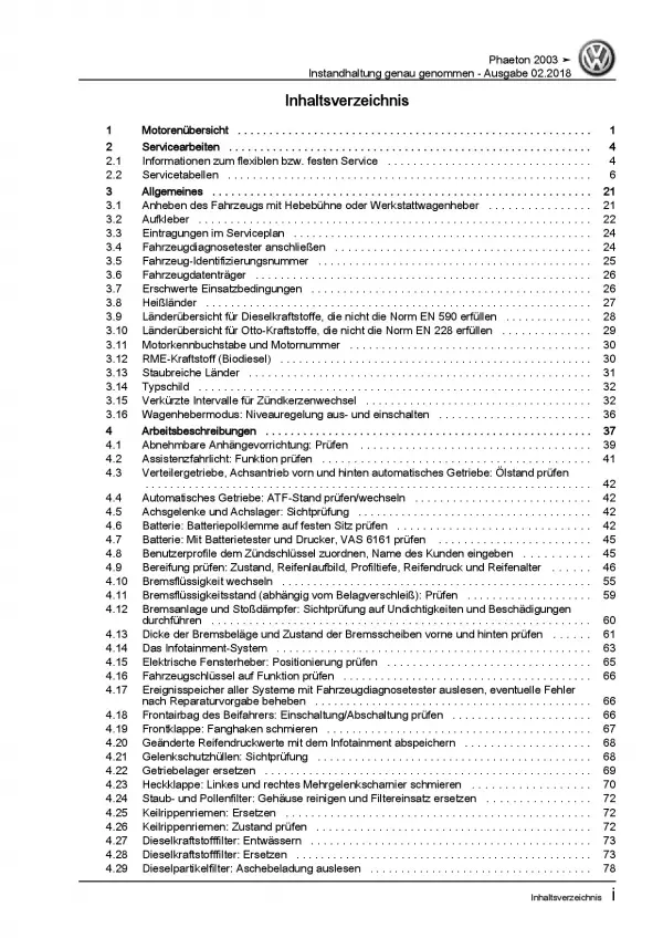 VW Phaeton 3D 2001-2016 Instandhaltung Inspektion Wartung Reparaturanleitung PDF