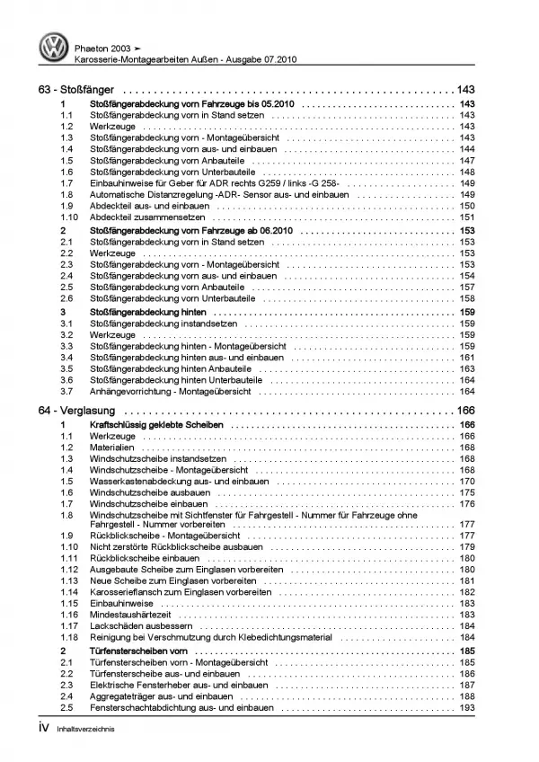 VW Phaeton 3D 2001-2016 Karosserie Montagearbeiten Außen Reparaturanleitung PDF