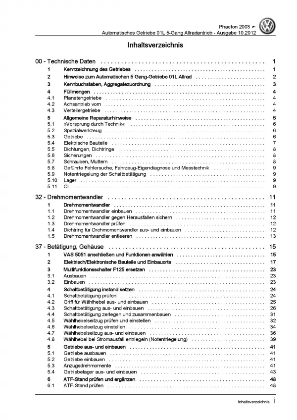 VW Phaeton 3D 2001-2016 5 Gang Automatikgetriebe 01L 4WD Reparaturanleitung PDF