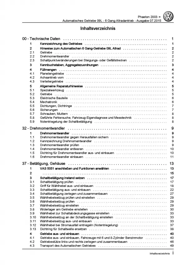 VW Phaeton 3D 2001-2016 6 Gang Automatikgetriebe 09L 4WD Reparaturanleitung PDF