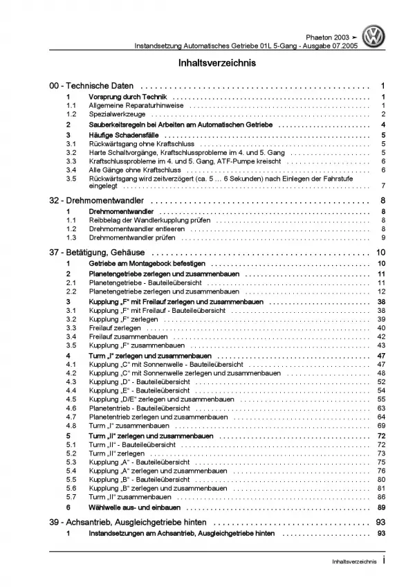 VW Phaeton 2001-2016 Instandsetzung Automatikgetriebe 01L Reparaturanleitung PDF