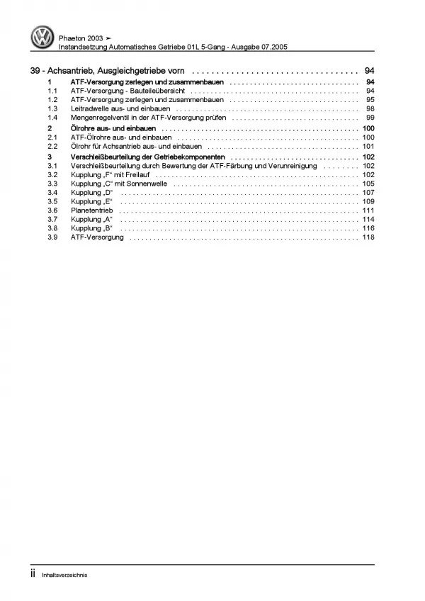 VW Phaeton 2001-2016 Instandsetzung Automatikgetriebe 01L Reparaturanleitung PDF