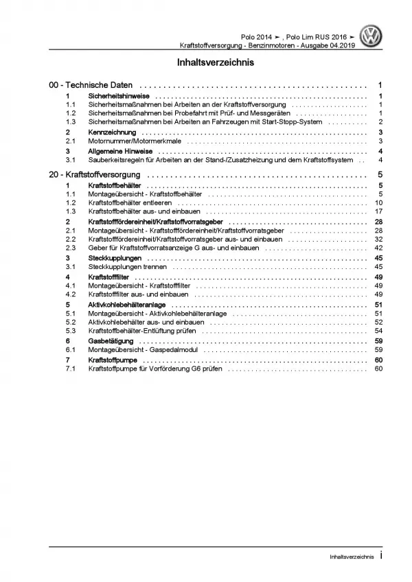 VW Polo 5 6C 2014-2017 Kraftstoffversorgung Benzinmotoren Reparaturanleitung PDF