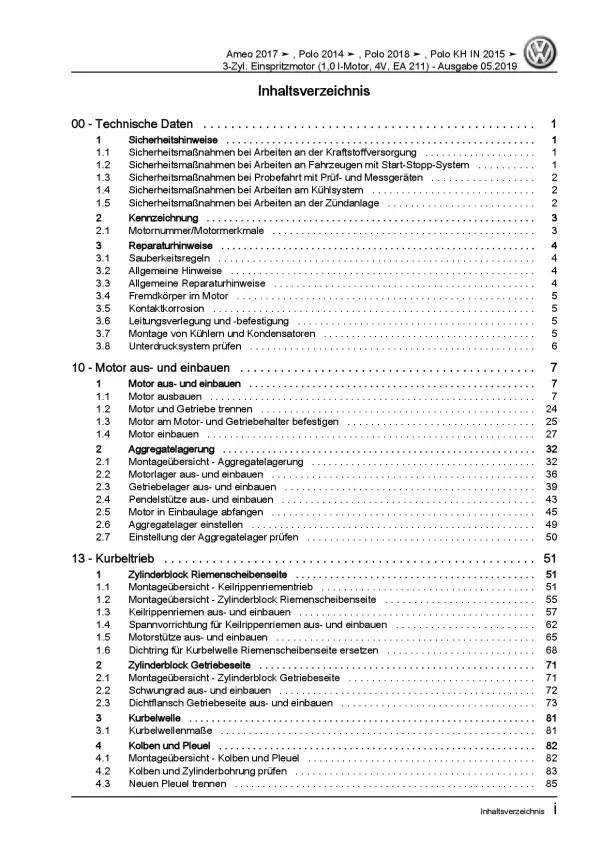 VW Polo 5 Typ 6C (14-17) 3-Zyl. 1,0l Benzinmotor 60-76 PS Reparaturanleitung PDF