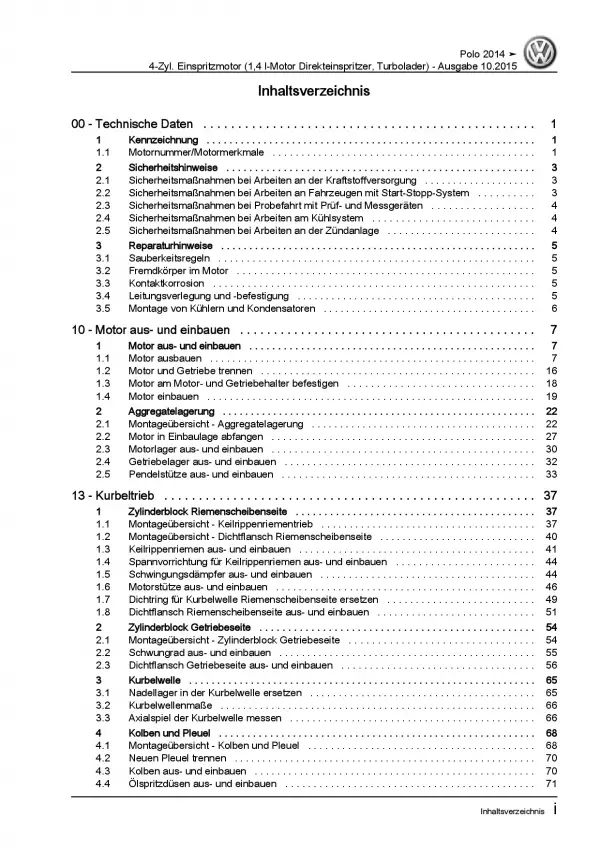 VW Polo 5 Typ 6C 2014-2017 4-Zyl. 1,4l Benzinmotor 150 PS Reparaturanleitung PDF