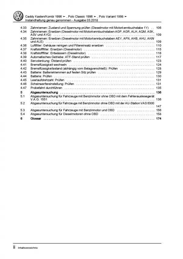 VW Polo Variant (97-01) Instandhaltung Inspektion Wartung Reparaturanleitung PDF