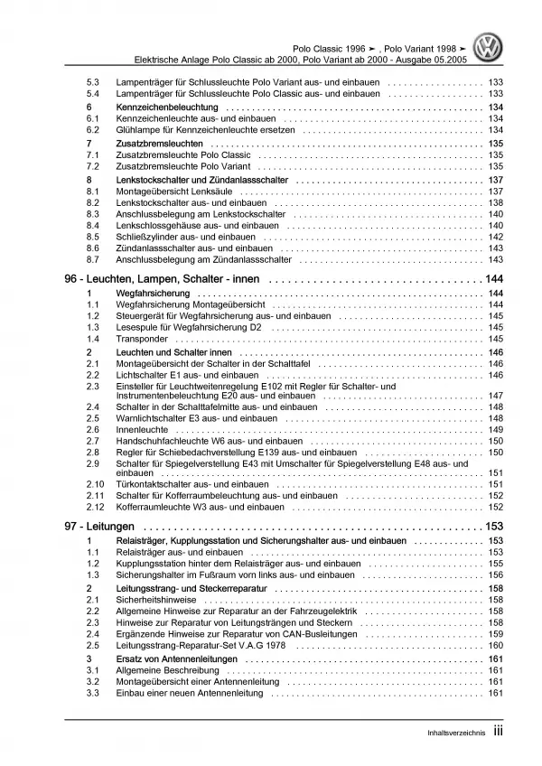 VW Polo 3 Variant (00-01) Elektrische Anlage Elektrik Systeme Reparaturanleitung