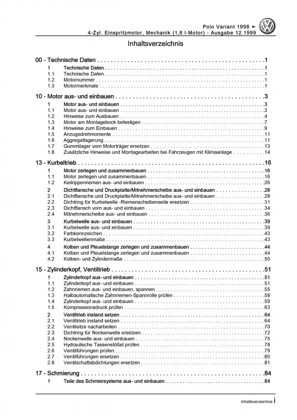 VW Polo Variant (97-01) 1,6l Benzinmotor Mechanik 100 PS Reparaturanleitung PDF