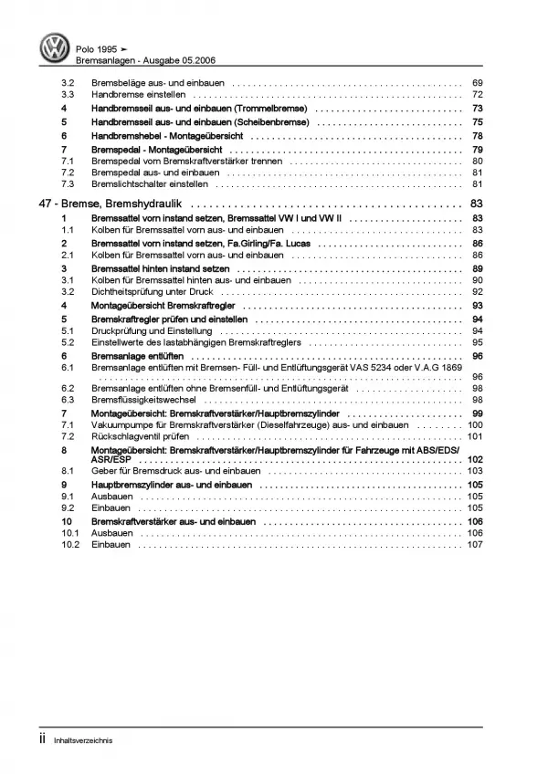 VW Polo 3 Typ 6N 1994-2002 Bremsanlagen Bremsen System Reparaturanleitung