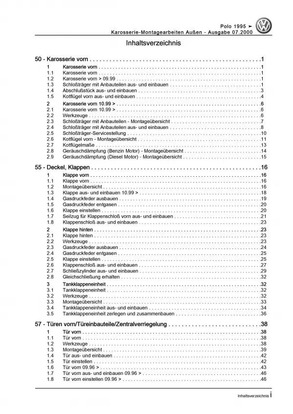 VW Polo 3 6N 1994-2002 Karosserie Montagearbeiten Außen Reparaturanleitung PDF