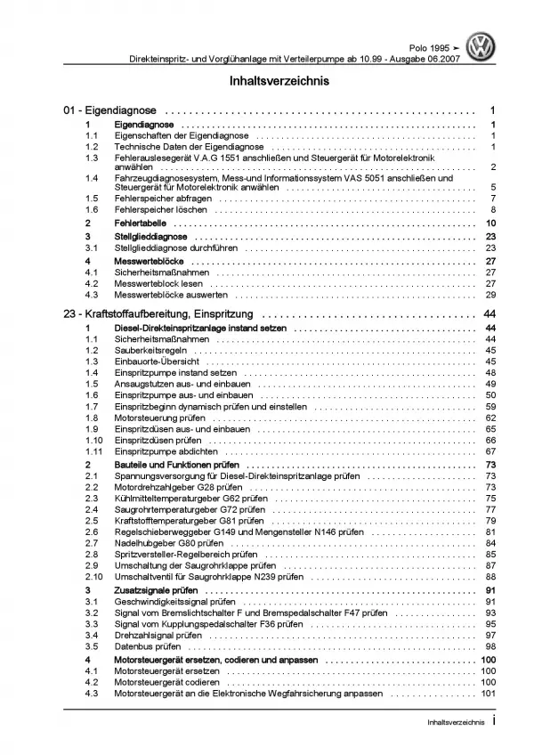 VW Polo 3 Typ 6N (99-02) Diesel Einspritz- Vorglühanlage Reparaturanleitung PDF