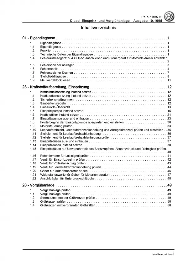 VW Polo 6N (94-02) 4-Zyl. Diesel Einspritz- Vorglühanlage Reparaturanleitung PDF