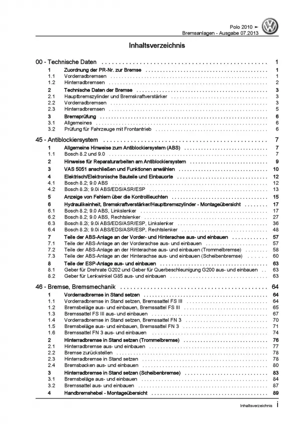 VW Polo 5 Typ 6R 2009-2014 Bremsanlagen Bremsen System Reparaturanleitung PDF