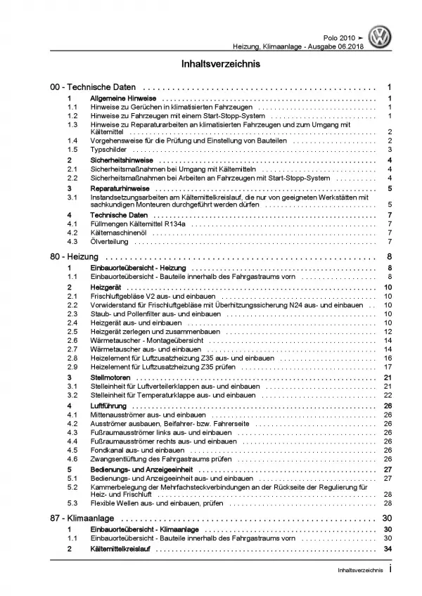 VW Polo 5 Typ 6R 2009-2014 Heizung Belüftung Klimaanlage Reparaturanleitung