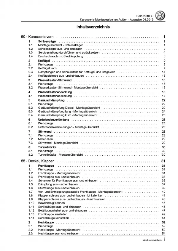 VW Polo 5 Typ 6R (09-14) Karosserie Montagearbeiten Außen Reparaturanleitung PDF