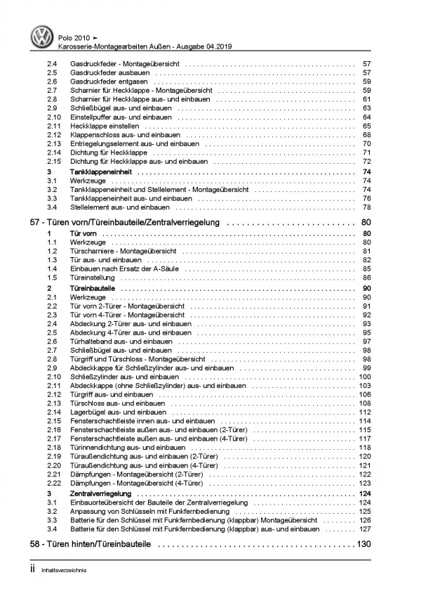 VW Polo 5 Typ 6R (09-14) Karosserie Montagearbeiten Außen Reparaturanleitung PDF