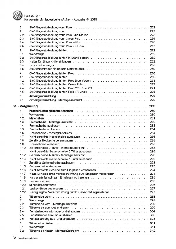 VW Polo 5 Typ 6R 2009-2014 Karosserie Montagearbeiten Außen Reparaturanleitung