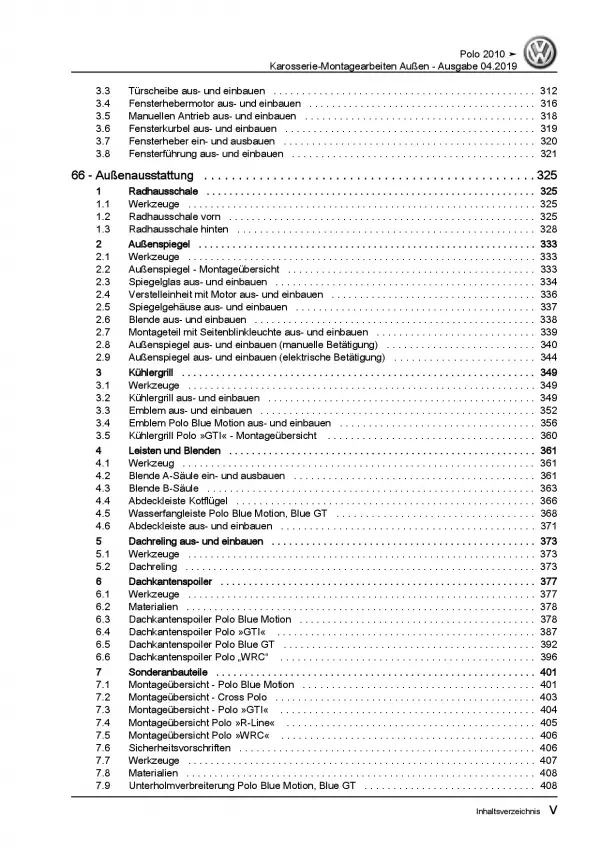 VW Polo 5 Typ 6R (09-14) Karosserie Montagearbeiten Außen Reparaturanleitung PDF