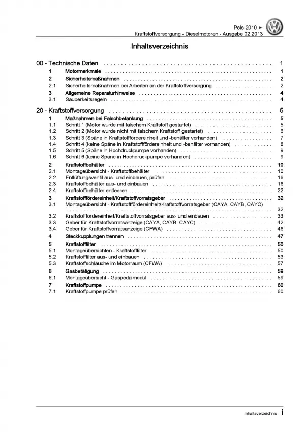 VW Polo 5 Typ 6R 2009-2014 Kraftstoffversorgung Dieselmotoren Reparaturanleitung