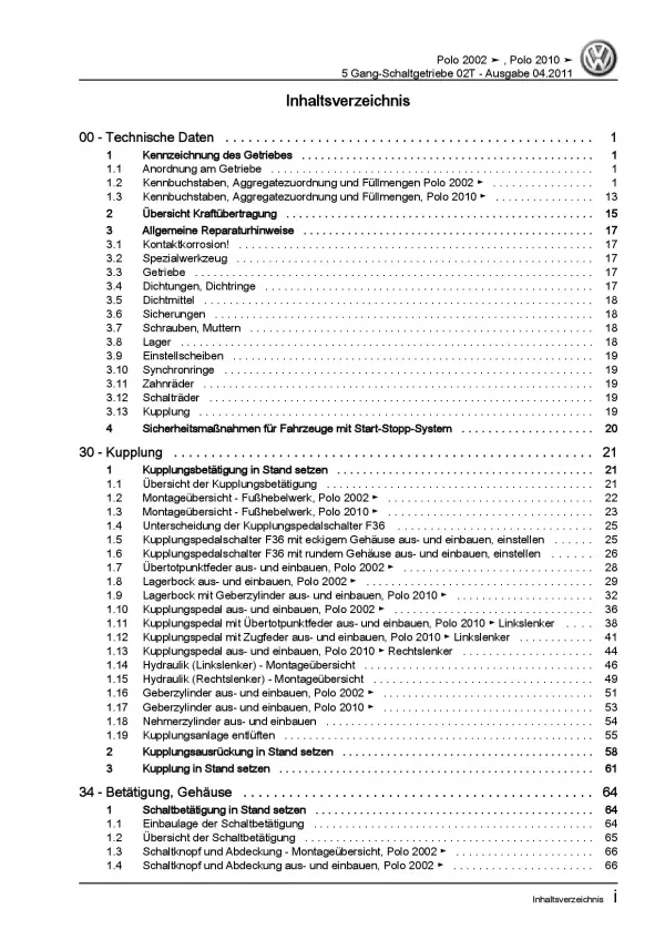 VW Polo 5 6R 2009-2014 5 Gang Schaltgetriebe 02T Kupplung Reparaturanleitung PDF