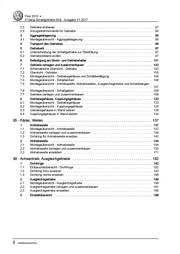 VW Polo 5 Typ 6R 2009-2014 6 Gang Schaltgetriebe 0A8 Kupplung Reparaturanleitung