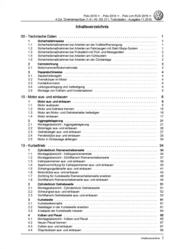 VW Polo 5 6R (09-14) 4-Zyl. 1,4l Benzinmotor 125-150 PS Reparaturanleitung PDF