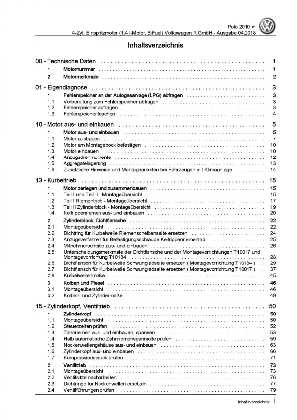 VW Polo 5 6R R-Line (09-14) 4-Zyl. 1,4l Benzinmotor 82 PS Reparaturanleitung