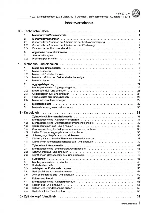 VW Polo 5 Typ 6R 2009-2014 4-Zyl. 2,0l Benzinmotor 220 PS Reparaturanleitung PDF