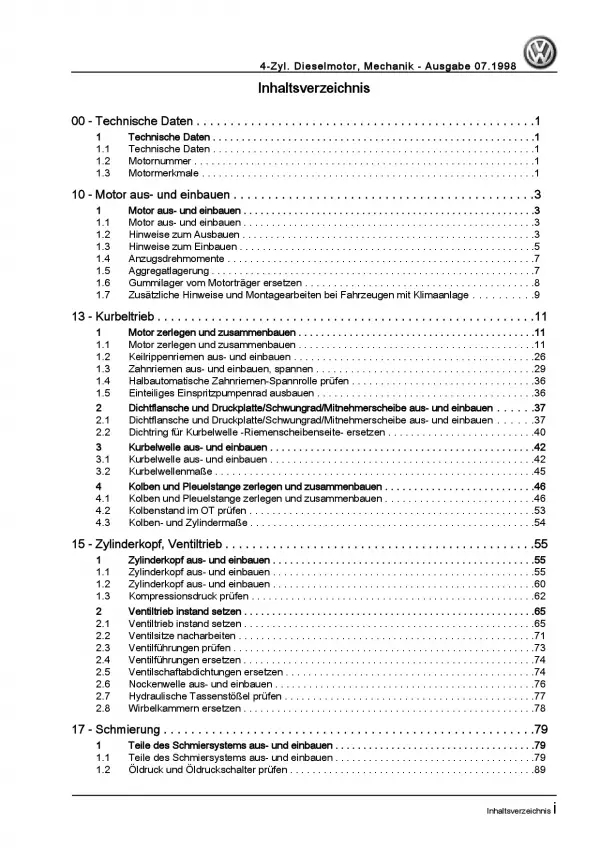 VW Polo Classic 6V (95-02) Dieselmotor 57-110 PS Mechanik Reparaturanleitung PDF