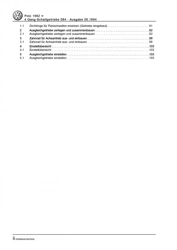 VW Polo 2 86C (81-94) 4 Gang Schaltgetriebe 084 Kupplung Reparaturanleitung PDF