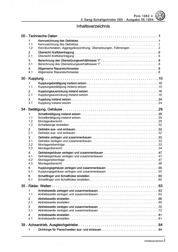 VW Polo 2 86C (81-94) 5 Gang Schaltgetriebe 085 Kupplung Reparaturanleitung PDF