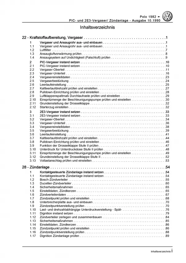 VW Polo 2 Typ 86C 1981-1994 PIC-, 2E3-Vergaser Zündanlage Reparaturanleitung PDF