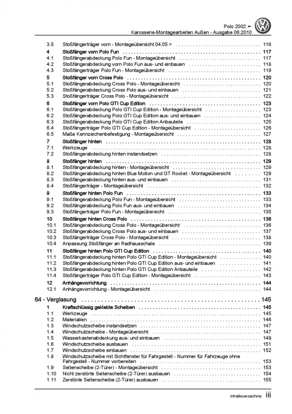 VW Polo 4 Typ 9N (01-10) Karosserie Montagearbeiten Außen Reparaturanleitung