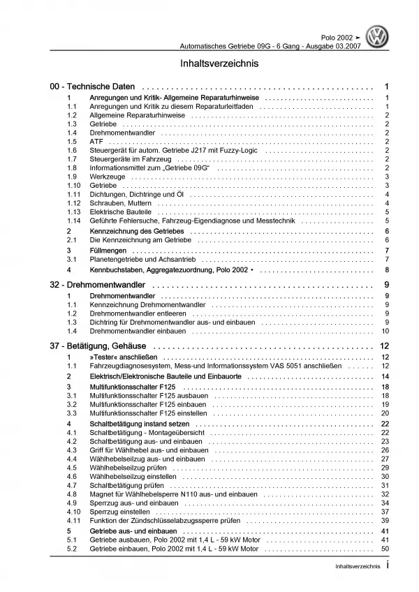 VW Polo 4 Typ 9N 2001-2010 6 Gang Automatikgetriebe 09G Reparaturanleitung PDF