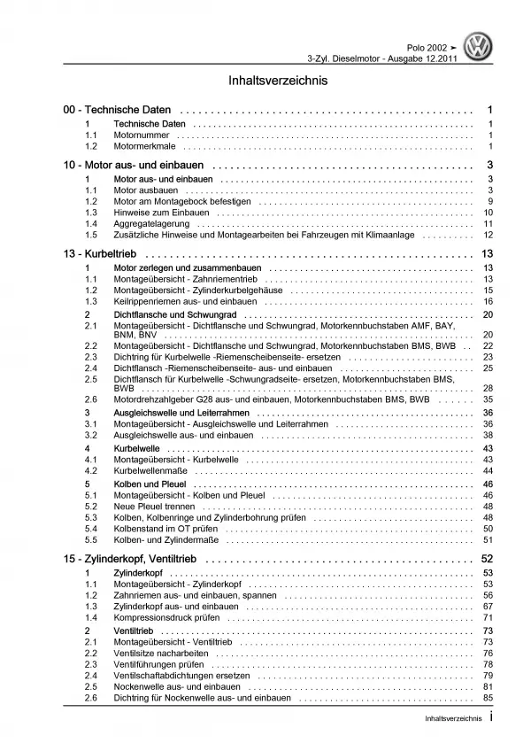 VW Polo 4 9N (01-10) 3-Zyl. 1,4l Dieselmotor 68-80 PS TDI Reparaturanleitung PDF