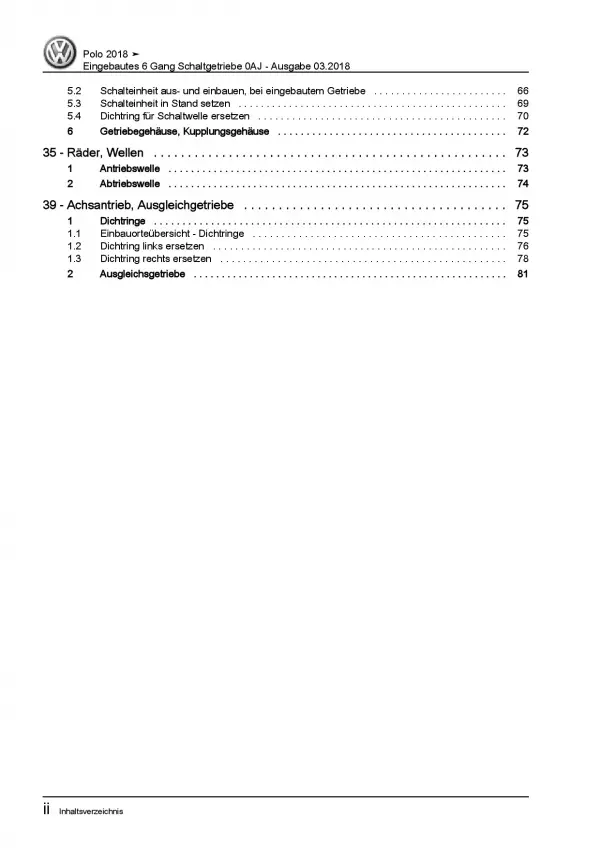 VW Polo AW ab 2018 6 Gang Schaltgetriebe 0AJ Kupplung Reparaturanleitung PDF