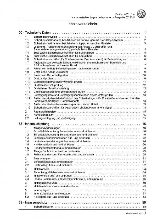 VW Scirocco 13 2014-2017 Karosserie Montagearbeiten Innen Reparaturanleitung PDF