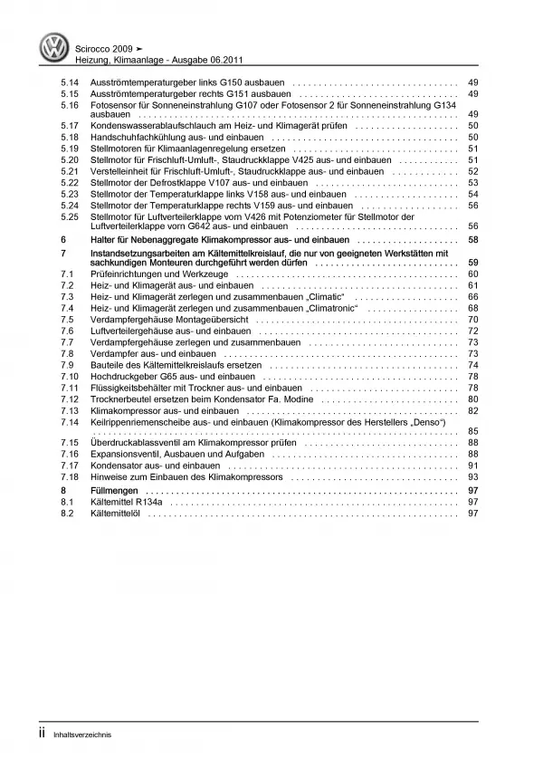 VW Scirocco Typ 13 2008-2014 Heizung Belüftung Klimaanlage Reparaturanleitung