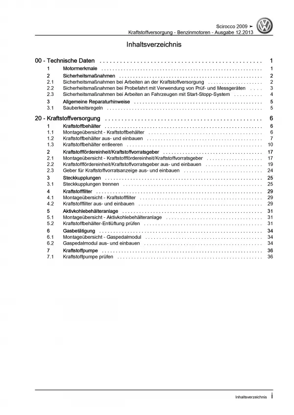 VW Scirocco 13 (08-14) Kraftstoffversorgung Benzinmotoren Reparaturanleitung PDF