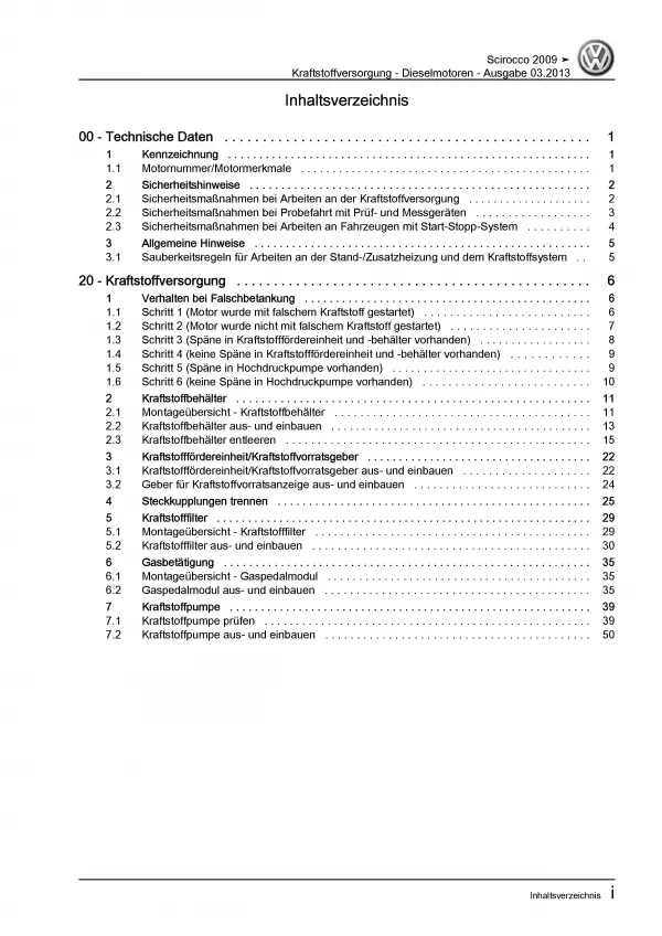 VW Scirocco 13 (08-14) Kraftstoffversorgung Dieselmotoren Reparaturanleitung PDF